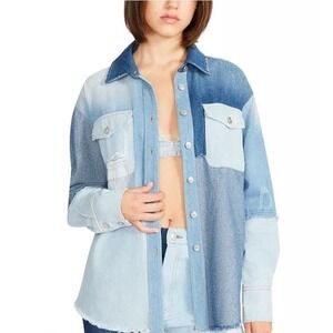 Steve Madden Patchwork Denim Shacket Kylie Distressed Frayed Hem Blue LARGE